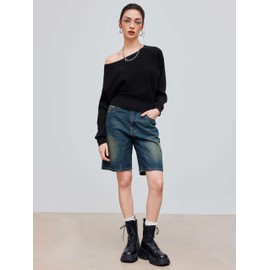 CIDER Asymmetrical Neck Solid Crop Long Sleeve Top: Black, XL