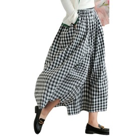 chouyatou Women's Cotton Linen Pants Elastic Waist Plaid Gingham Wide Leg Capri Palazzo Pants (Medium, Black)