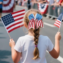 WRBAJIS 4th of July Bow Hair Ties Glitter Elastic American Flag Hair Bands with Rhinestone Design Ponytail Holder Patriotic Hair Accessories for Women Girls Independence Day Parade Party Supplies