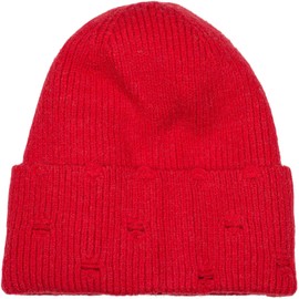 styleBREAKER Unisex Knitted Hat with Ribbed Pattern and Cracks in Destroyed Look, Thermal Fleece Lining, Beanie 04024191, red