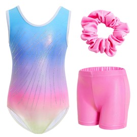 Gogokids Girls' Three Piece Gymnastics Set, Sleeveless Leotard with Shorts and Headband, Ballet Dancing Leotard Gymnastics Outfit with Sparkling for Girls, Sleeveless Jerseys for 3-12 Years, rainbow