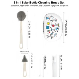 Bottle Brush Set -Baby Travel Essential-6 in 1 Bottle Cleaner Kit with Silicone Bottle Scrubber, Nipple Cleaner, Straw Brush, Drying Rack, Soap Dispenser, Storage Box - Home and Travel (White/Gray)