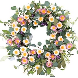 Huashen Spring Colorful Daisy Grapevine Wreath with Farmhouse Eucalyptus Boxwood Leaves Dry Paper Blossom for Front Door Home Decor 24inch