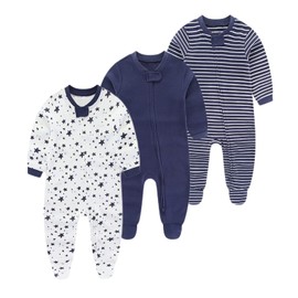 Ecojoy Baby Sleepwear Pack of 3 Newborn Sleepsuit with 5 Hats and Mittens, 0-12 Months Zip Sleep Suit Navy Blue
