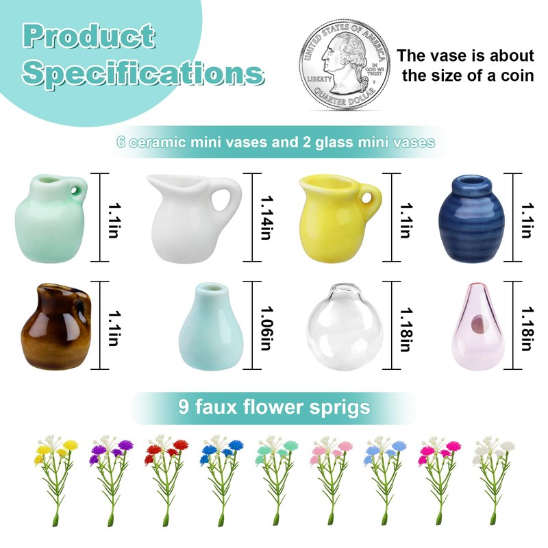 Mini Ceramic Vase Magnets for Fridge: 8-Pack Cute Tiny Magnetic,