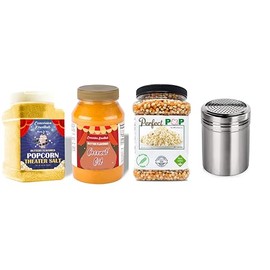Concession Essentials Movie Night Pack - 1ct of Each Item-32oz Buttery Coconut Oil /32oz Popcorn Salt/32oz Popcorn Kernels/10oz Steel Shaker/all for Better Tasting Popcorn-4ct