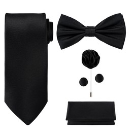 TIE G 5pcs Tie Set in Gift Box : Solid Color Necktie, Satin Bow Tie, Pocket Square, Lapel, Cuff Links (Black)