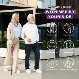 MFE Folding Cane, Portable 5-Level Adjustable Height Walking Stick with Foldable Design, Wrist Strap, and T Handle for Men and Women, Purple Floral