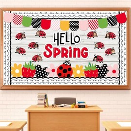 FYSUIMU 64Pcs Hello Spring Bulletin Board Decor Set Flower Ladybug Strawberry Heart Paper Cut-Out Cute Border Trim with Glue Point for Photo Posting Craft Chalkboard Wall Party Decor