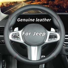 Custom-Fit for Jeep Steering Wheel Cover, Genuine Leather Steering Wheel Cover, Non-Slip, Breathable, for Jeep Accessories (Black (red Blue line), for Jeep)