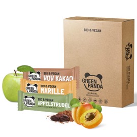 GREEN PANDA® Vegane Fruchtriegel Probierbox | 100% Bio und zuckerfreie Süssigkeiten | Energy Riegel ohne Zucker aus 5 natürlichen Zutaten | Mix Box Apfelstrudel, Marille, Nussriegel Kakao 12 x 30g