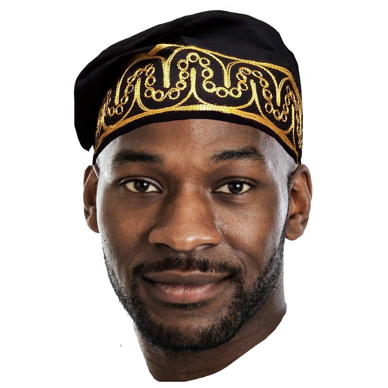 Dupsie's Adebo African Kufi Hat with Embroidery, Black and Gold,