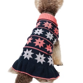 Jecikelon Pet Dog Sweaters for Small Dogs Dress with Snow Knitwear Turtleneck Pullover Dog Clothes Warm Winter Puppy Sweater Long Dresses (Navy, Small)