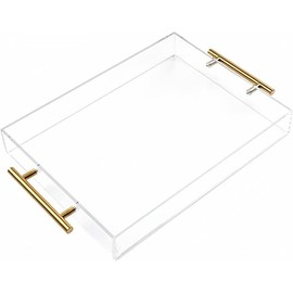 12"x12" Clear Acrylic Serving Tray with Golden Handles, Sturdy Huge Capacity Acrylic Tray for Coffee, Juice, Kitchen and Desk Organizer, Storage Tray ,12"x12" - Size: 14" x 11" x 2"