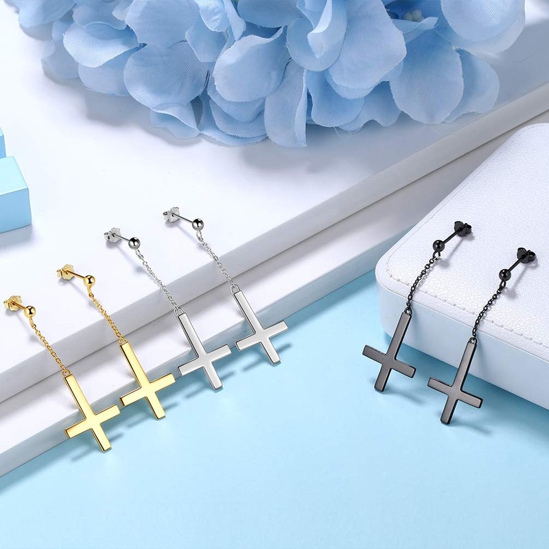 Upside Down Cross Earrings Women Mens Hip Hop earrings 925