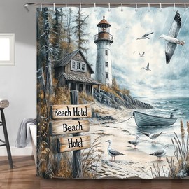 Nautical Lighthouse Shower Curtain, Ocean Coastal Beach Sailboat Decor Bathroom Curtains, Lake Seascape Fabric Shower Curtain Set with Hook 47X72 Inches