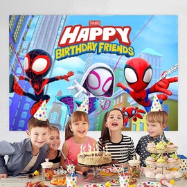 Spider and His Friends Birthday Decorations,Spider and His Friends Happy Birthday Banner Backdrop for Kids Birthday Party Supplies (5x3ft)