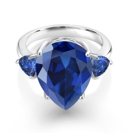Gem Stone King 11.28 Cttw Blue Simulated Sapphire 3-Stone Ring For Women | 925 Sterling Silver | 16X12MM Pear Shape and 5MM Trillion | Available In Size 5, 6, 7, 8, 9
