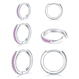 925 Sterling Silver Post Small Hoop Earrings Pink Cubic Zirconia Huggie Hoop Earrings, 3 Pairs 14K White Gold Plated Cartilage Piercing Earrings Ear Cuff Tiny Hoop Earrings for Women Men 8mm 10mm 12mm