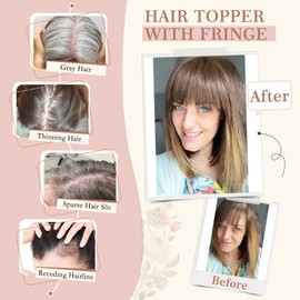 Elailite Real Human Hair Toppers with Bangs for Thinning Hair Women - Clip in Crown Extension Invisible Hairpiece (#18/613 Ash Blonde Mix Bleach Blonde, 16 inch)