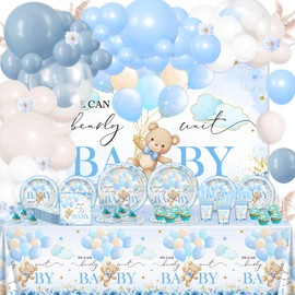 Lecheme 270 Pcs Blue Bear Baby Shower Decorations for Boy: We Can Bearly Wait Baby Banner Disposable Plates Napkins Cups Tablecloth Balloons, Serve 24