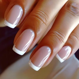 White French Tip Press on Nails Short Square Fake Nails Nude Pink Acrylic Nails Glossy Nature Artificial Nails Medium Chrome Glue on Nails Full Cover Stick on Nails for Women Girls Manicure 24Pcs