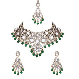 I Jewels Gold Plated Traditional Kundan & Pearl Drop Bridal Necklace With Earrings & Maang Tikka Jewellery Set For Women, Free Size, Alloy with Gold Plating, No Gemstone