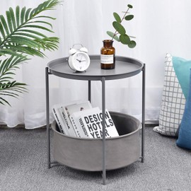 TOOLF End Table, Metal Nightstand, Coffee Round Table, Sofa Side Snack Table with Detachable Tray Top and Fabric Storage Basket, Scandi Style Table for Living Room Bedroom (Dark Grey)