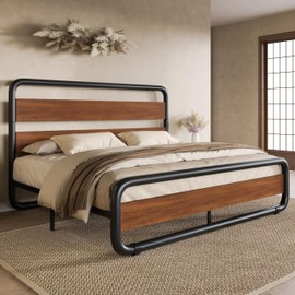 SHA CERLIN Queen Size Metal Bed Frame with Wooden Headboard and Footboard, Heavy Duty Oval-Shaped Platform Bed with Under-Bed Storage, Noise Free, No Box Spring Needed, Vintage Walnut