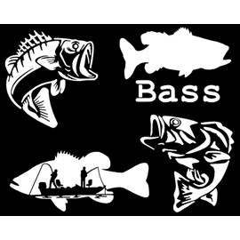 Bass Fishing Decal 4 Pack: Bass Jumping, Large Mouth Bass, Bass Fishing Boat, Detailed Jumping Bass (White, Small ~3.5")