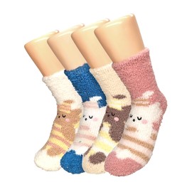 POPUCT Cute Fuzzy Socks Fluffy Crew Sock Warm Winter Soft Plush Scoks 4 Pairs(bear)