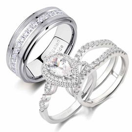 Newshe Jewellery Wedding Ring Sets for Him and Her AAAAA Cz Promise Rings for Couples Women Mens Band Pear Shape Size 8&8