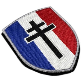 Lorraine Cross Shield-shaped Badge, Military Patch, French Flag with Velcro Back, Historical Free France, Embroidered, 7.5 x 6.5 cm