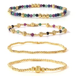 Ustome 4Pcs Stack 14K Gold Plated Seed Beaded Bracelets Set for Women,Colorful Natural Gemstone Mangalsutra Glass Ball Stretch Accessories Hand Wrap Purple Amethyst Jewelry, Daily Friendship Gift