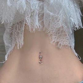 Christmas Belly Button Bars Ring for Women Hypoallergenic Red Green CZ Xmas Santa Snowflake Stocking Jingle Bell Statement Drop Dangle Belly Navel Rings Christmas Festival Jewelry (Santa Stocking)