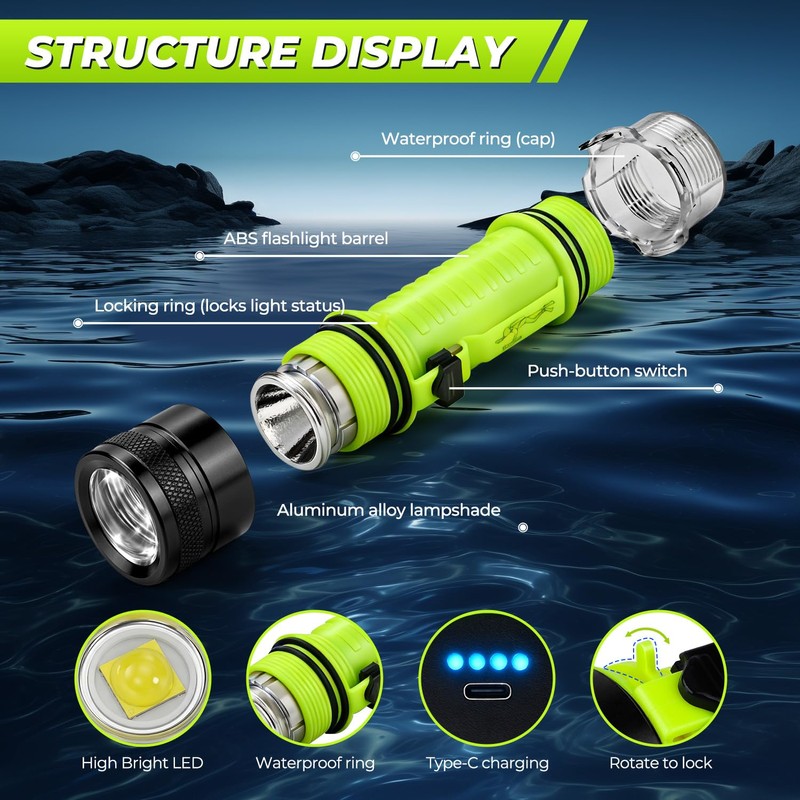 FISHOAKY Diving Flashlight Underwater LED Light, 1500 Lumen & 3