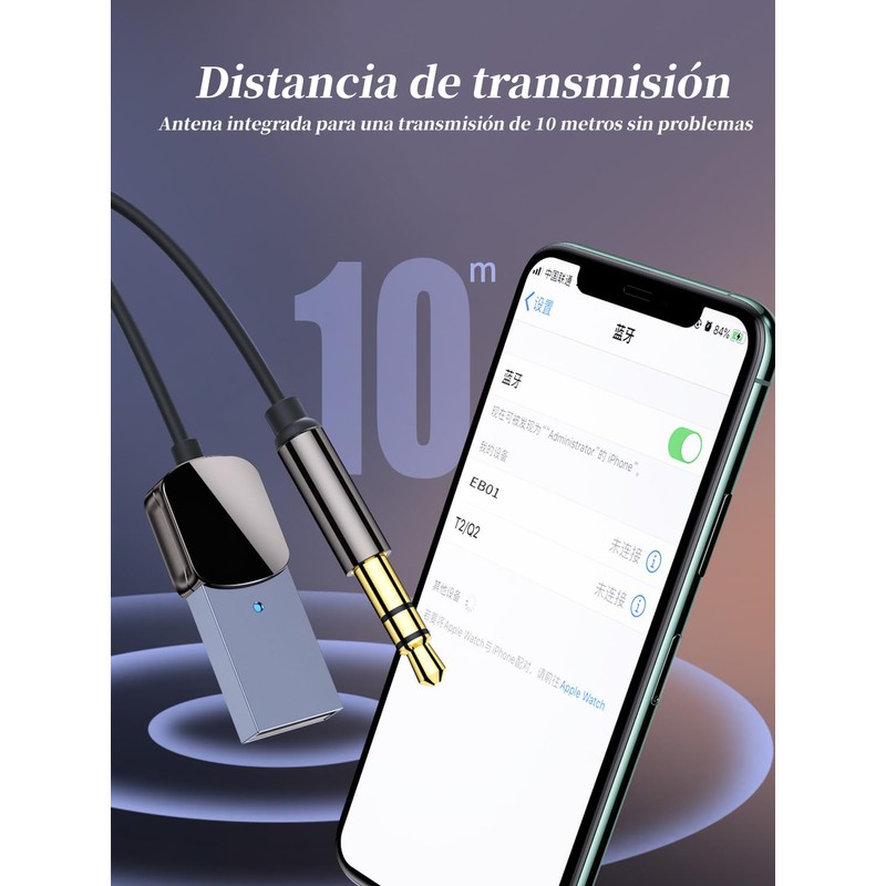 Bluetooth Audio Adapter Auto,Receptor Bluetooth 5.0 para Auto,Receptor bluetooth Micrófono