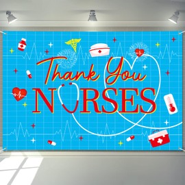 Arosche Nurse Appreciation Week Decorations Banner 72" x 48" Backdrop Thank You Nurses Party Medical Heart Blue Photography Background for Indoor Outdoor Hospital Doctor Nurse Party Supplies