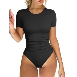 OQQ Women's Crew Neck Short Sleeve Bodysuit Ruched Stretch Vacation Basic for Tops Spring & Summer Black