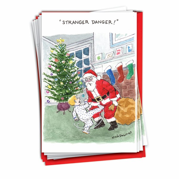 B1186 Box Set of 12 Stranger Danger Funny Christmas Paper Cards with Envelopes
