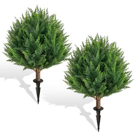 2 Set Artificial Cypress Tree with Ground Spikes, UV Resistant Outdoor Indoor Faux Boxwood Bush Plants, Realistic Fake Plants Front Porch Decorations for Home Front Porch Decorations, Outdoor Gardens