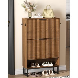 Akxomel Fluted Shoe Storage Cabinet, Narrow Hidden Shoe Rack Cabinet with Metal Legs, Narrow Shoe Organizer, 2 Flip Drawers, for Entryway, Hallway, Living Room, Walnut