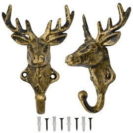 Maydahui 2 Pcs Retro Brass Deer Head Hooks Vintage American Country Style Gold Cast Iron Reindeer Elk Hanger Hooks(4.33x6.3inch) for Coat Rack Key Holder Christmas Home Decor Party Gift