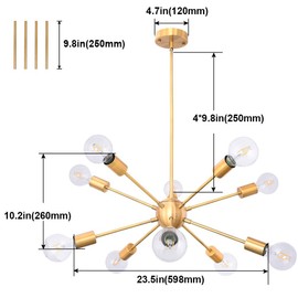Sputnik Chandelier 10 Light Brushed Brass Ceiling Lamp Modern Industrial Pendant Lighting Gold Vintage Ceiling Light Fixture for Living Room Bedroom Kitchen Foyer Hallway