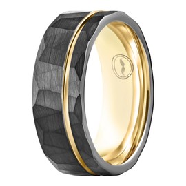 Gentlemen's Bands 8mm Black Hammered Tungsten Men’s Wedding Band With Thin Gold Strip and Gold Interior | Engagement, Promise Ring For Men | Includes Silicone Band, Walnut Box, Leather Pouch Set, 9.5