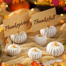 Bucherry 6 Pcs Thanksgiving Table Decor Mini White Gold Pumpkin Place Card Holder Resin Fall Card Holder for Thanksgiving Decor Wedding Harvest Table Centerpiece