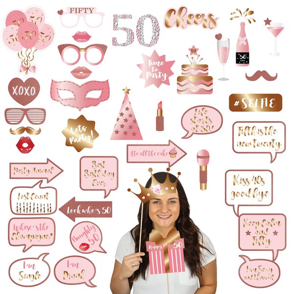 38Pcs Rose Gold 50th Birthday Photo Booth Party Props,Rose Gold 50th Birthday Decorations,Personalised Funny DIY Kit Party Selfie Photo Props for men,women,adults,50th Birthday Gift Party Favors