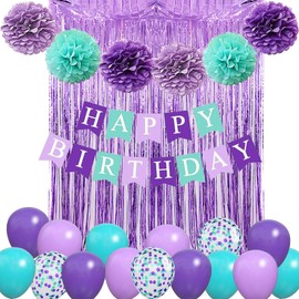 Purple Green Birthday Decorations, Purple Blue Party Balloons Happy Birthday Banner Purple Turquoise Green Fringe Curtain Pompom for Girls Women Birthday Baby Shower Party Decoration