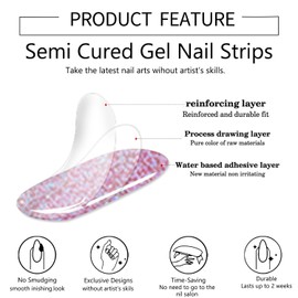 WOKOTO Semi Cured Gel Nail Strips, Glitter Pink Gel Nail Polish Stickers Full Nail Wraps For Women, Easy to Apply&Remove, Nail Polish Strips With Nail File & Wood Stick (UV/Led Lamp Required)