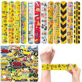 74Pcs Engineering Vehicle Theme Party Favors Contain 24 Pcs Engineering Vehicle Theme Slap Bracelets 50Pcs Engineering Vehicle Theme Stickers, Birthday Party Decorations,Classroom Rewards Supplies.